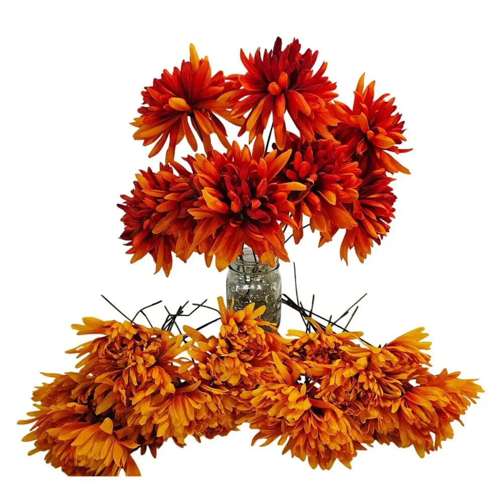 35 Pc Orange Yellow Artificial Silk Mum Flower Stem Fall Floral Crafts Decor Lot